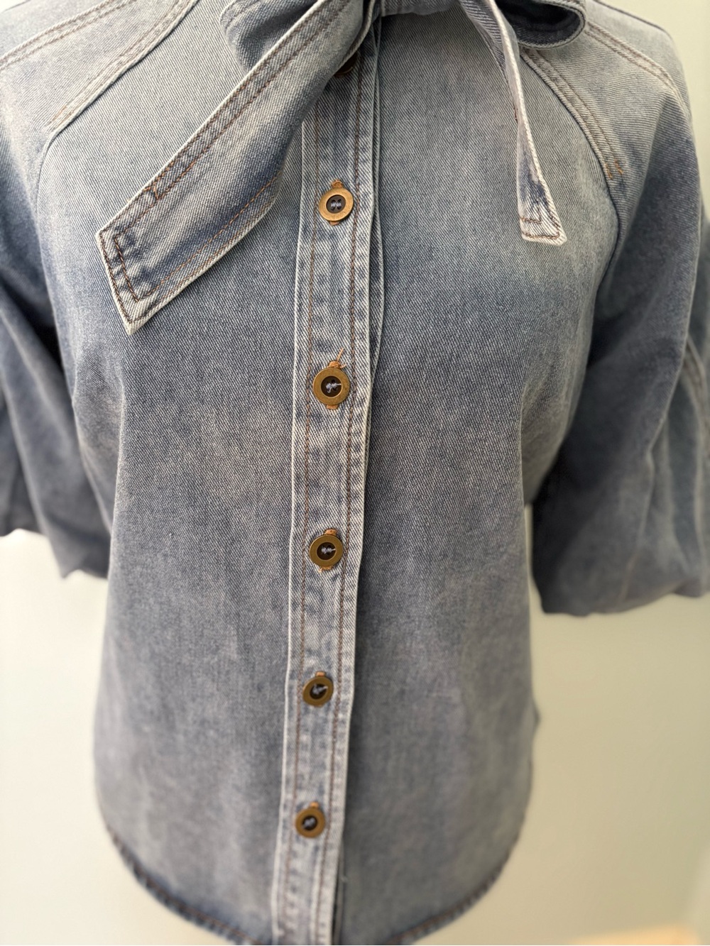 NWT Bailey44 Tie-Neck Puff Sleeve Denim Button-Down Shirt. Zimmerman Inspired. - Picture 4 of 13